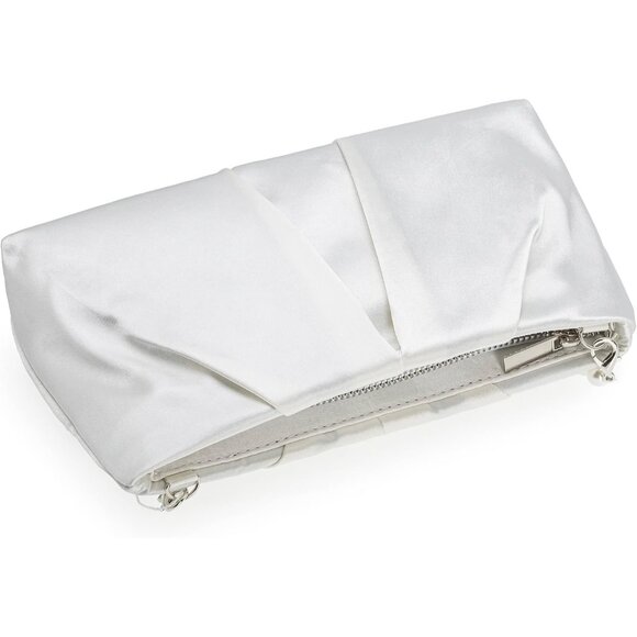 ⚡ Women\'s White Evening Formal Pleated Satin Fabric Zipper Closure Clutch Bag